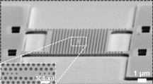 Een beeld gemaakt met elektronenmicroscoop van het geperforeerde membraan, met in het midden de ‘photonic crystal cavity’ (de onderbreking van het gaatjespatroon). Linksonder een detailplaatje van deze 'lichtval'.'