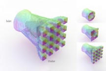 Onderzoekers creëerden een computationele optimalisatiepijplijn die automatisch vloeiende ontwerpen kan genereren voor complexestromingsmachines. Hier gebruikt het systeem 3D-blokken die van vorm veranderen om een vloeistofdiffuser te produceren die vloeistof van één grote opening naar 16 kleinere kanaliseert. Beeld: Yifei Li/MIT CSAIL'